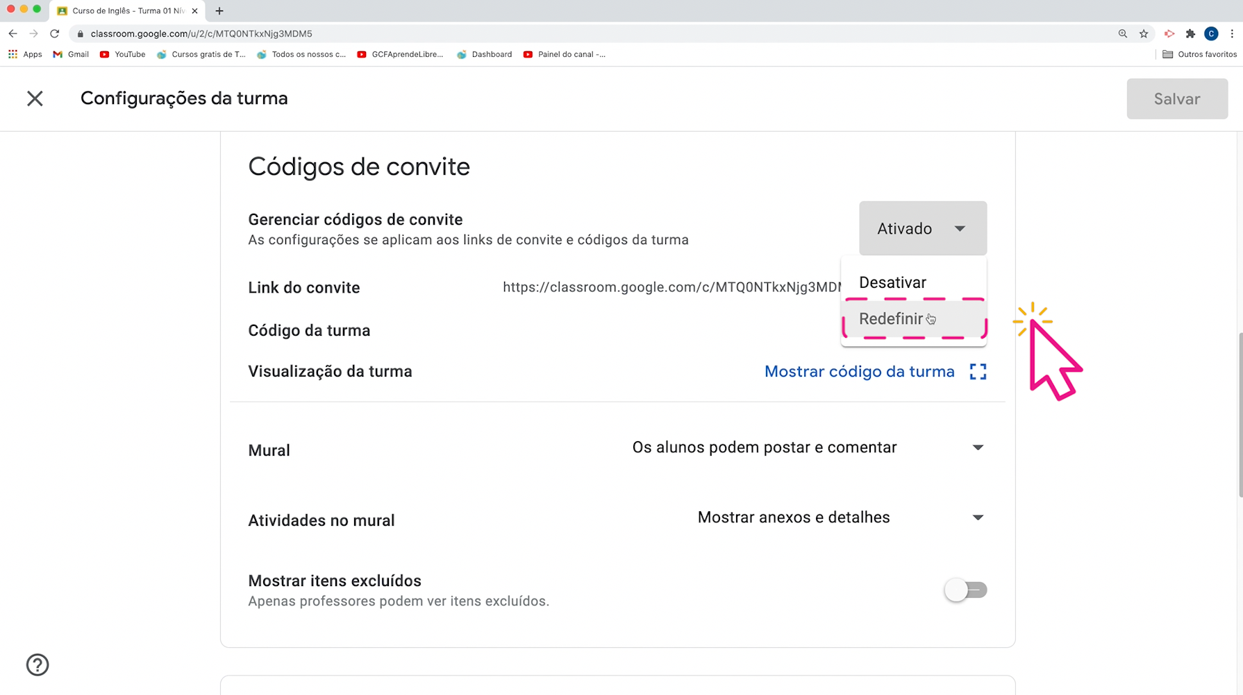 como redefinir o código do convite do Google Sala de Aula